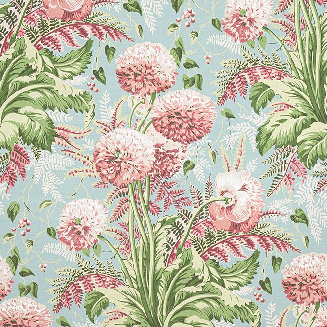 Anna French Dahlia Fabric in Coral on Robins Egg